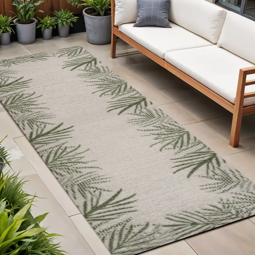 8' Green And Cream Floral Indoor Outdoor Runner Rug Photo 1