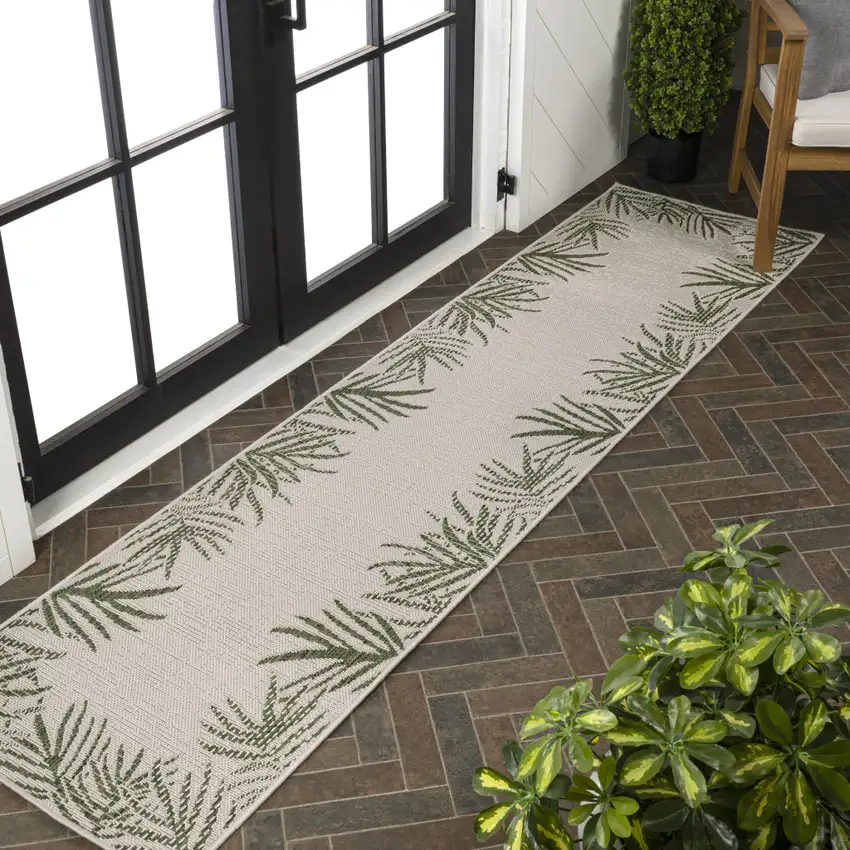 8' Green And Cream Floral Indoor Outdoor Runner Rug Photo 5
