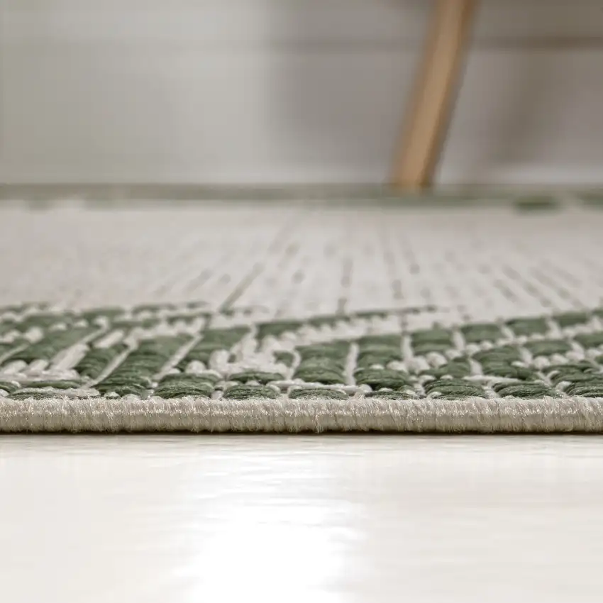 8' Green And Cream Floral Indoor Outdoor Runner Rug Photo 9