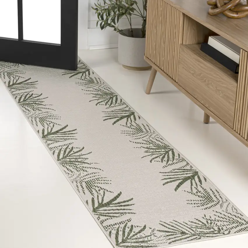 8' Green And Cream Floral Indoor Outdoor Runner Rug Photo 4