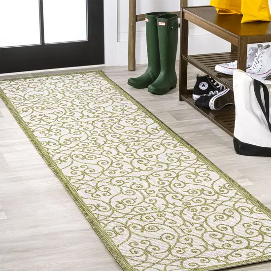 10' Green And Cream Geometric Indoor Outdoor Runner Rug Photo 4