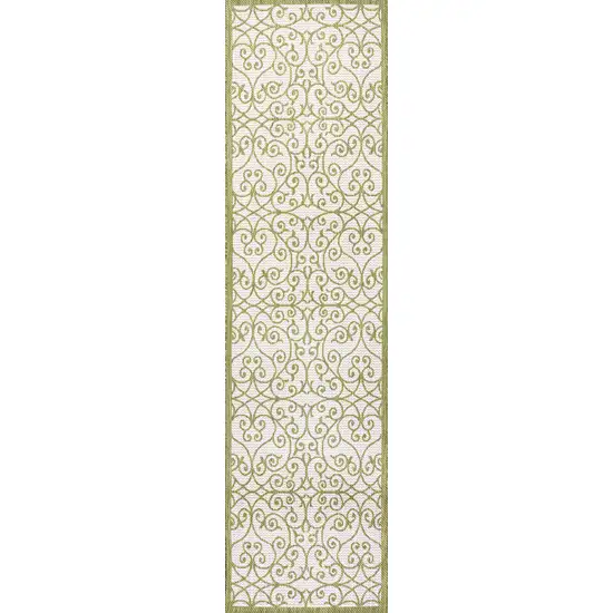 10' Green And Cream Geometric Indoor Outdoor Runner Rug Photo 3