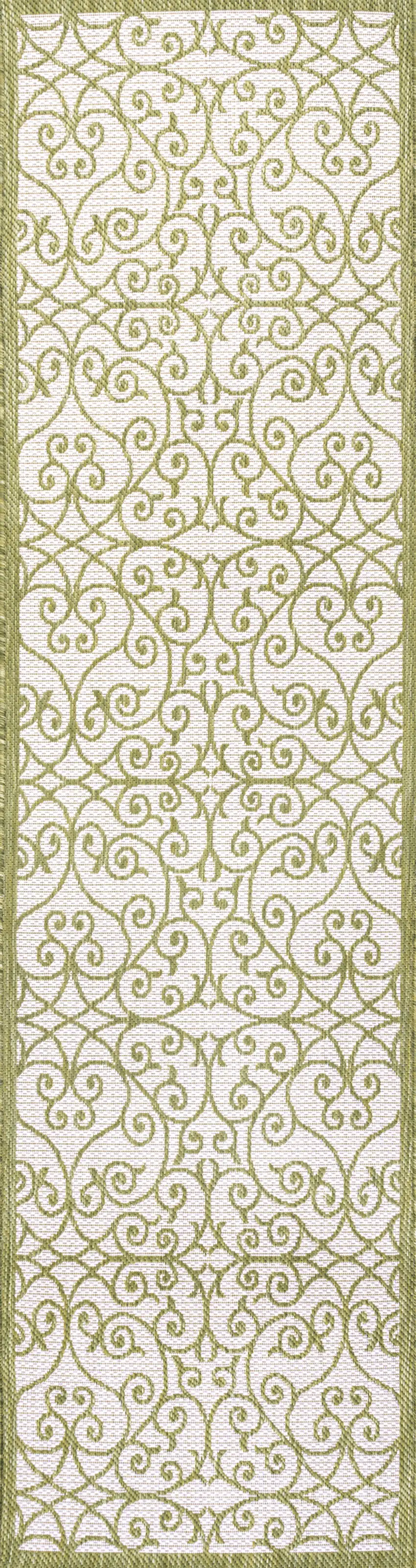 10' Green And Cream Geometric Indoor Outdoor Runner Rug Photo 3