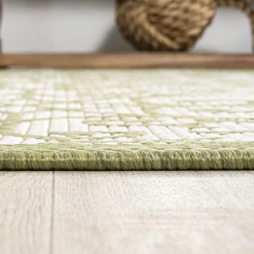 10' Green And Cream Geometric Indoor Outdoor Runner Rug Photo 6