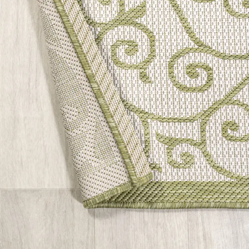 10' Green And Cream Geometric Indoor Outdoor Runner Rug Photo 5