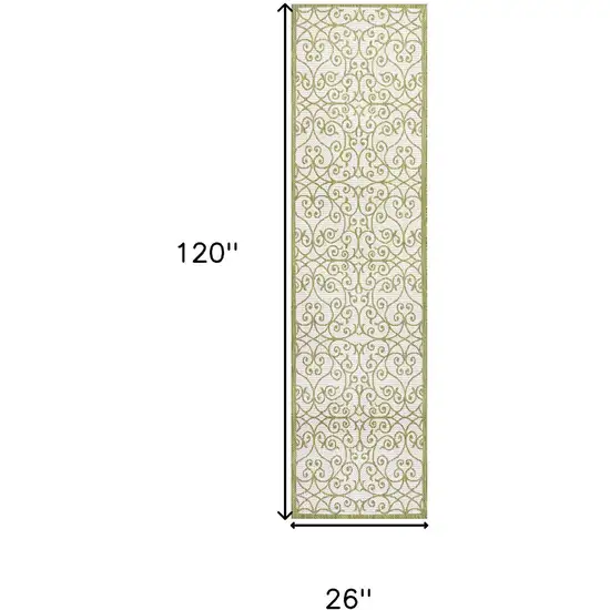 10' Green And Cream Geometric Indoor Outdoor Runner Rug Photo 7