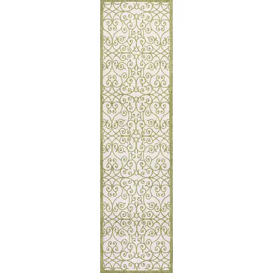 8' Green And Cream Geometric Indoor Outdoor Runner Rug Photo 1