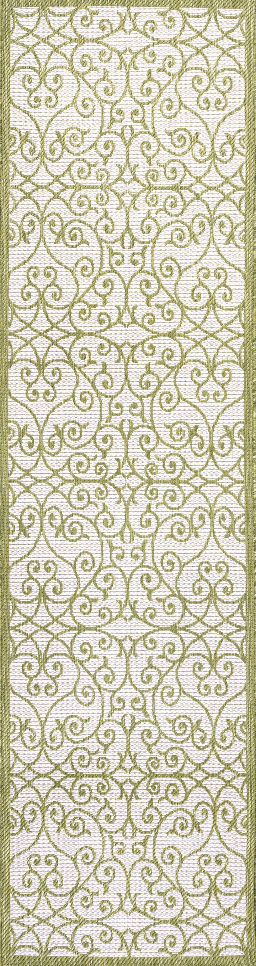 8' Green And Cream Geometric Indoor Outdoor Runner Rug Photo 1