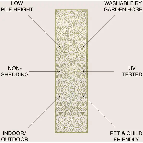 8' Green And Cream Geometric Indoor Outdoor Runner Rug Photo 9