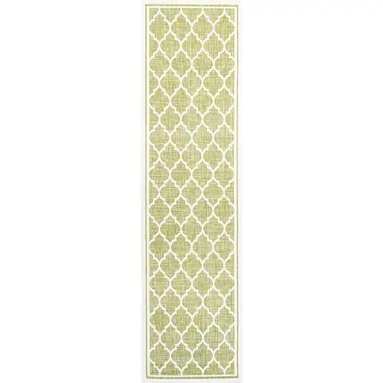 10' Green And Cream Geometric Indoor Outdoor Runner Rug Photo 1