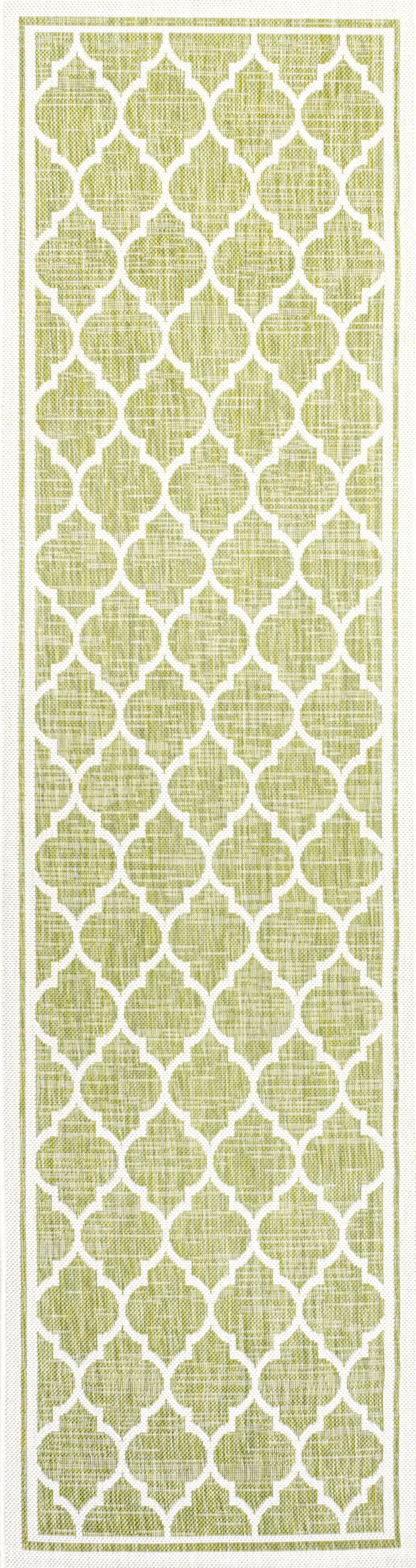 10' Green And Cream Geometric Indoor Outdoor Runner Rug Photo 1