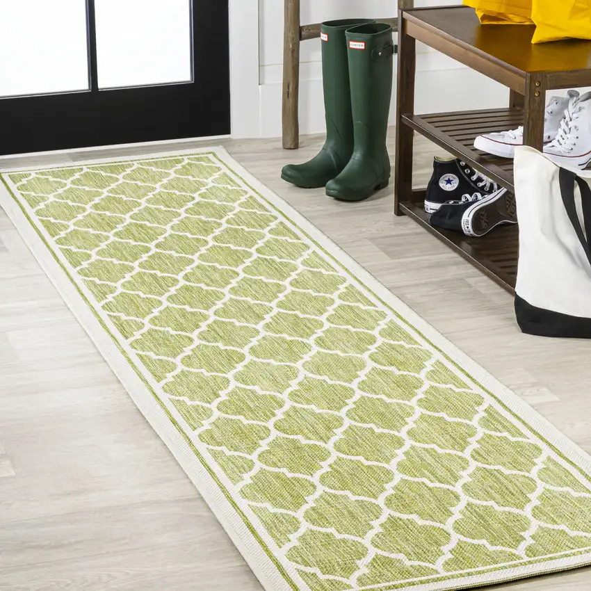 10' Green And Cream Geometric Indoor Outdoor Runner Rug Photo 4