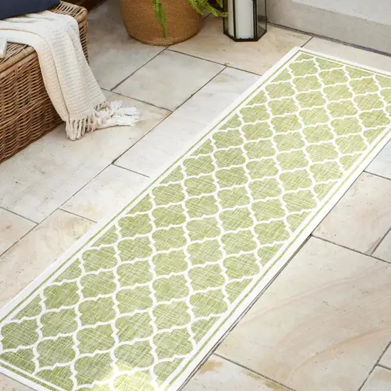 10' Green And Cream Geometric Indoor Outdoor Runner Rug Photo 5
