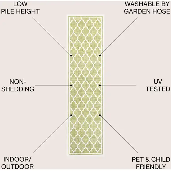 10' Green And Cream Geometric Indoor Outdoor Runner Rug Photo 9