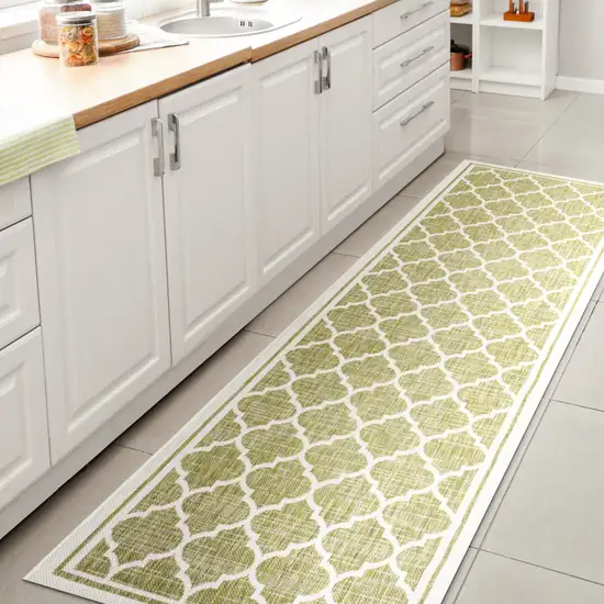 10' Green And Cream Geometric Indoor Outdoor Runner Rug Photo 6