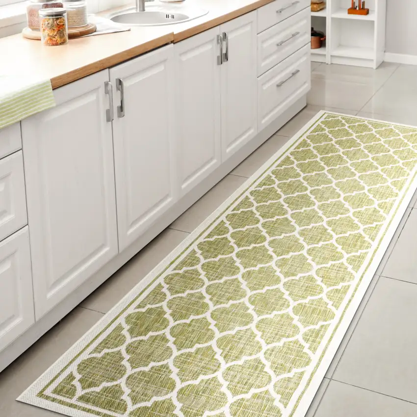 10' Green And Cream Geometric Indoor Outdoor Runner Rug Photo 6