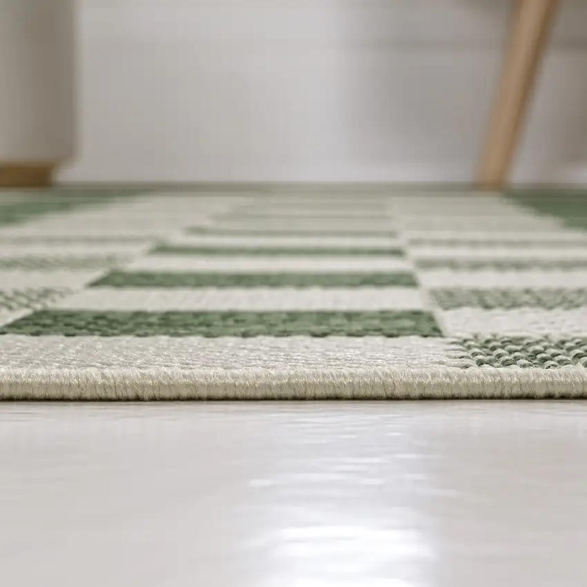 8' Green And Cream Geometric Indoor Outdoor Runner Rug Photo 8