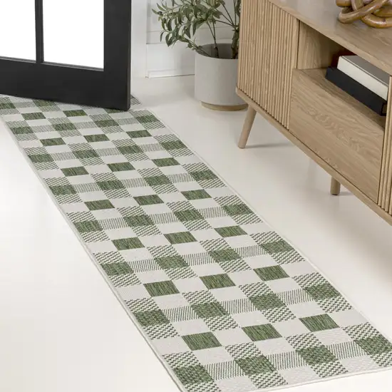 8' Green And Cream Geometric Indoor Outdoor Runner Rug Photo 4