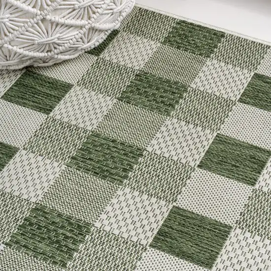 8' Green And Cream Geometric Indoor Outdoor Runner Rug Photo 9