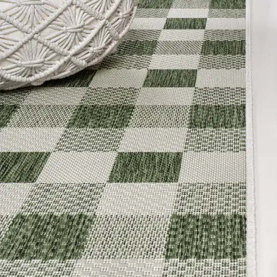 8' Green And Cream Geometric Indoor Outdoor Runner Rug Photo 9