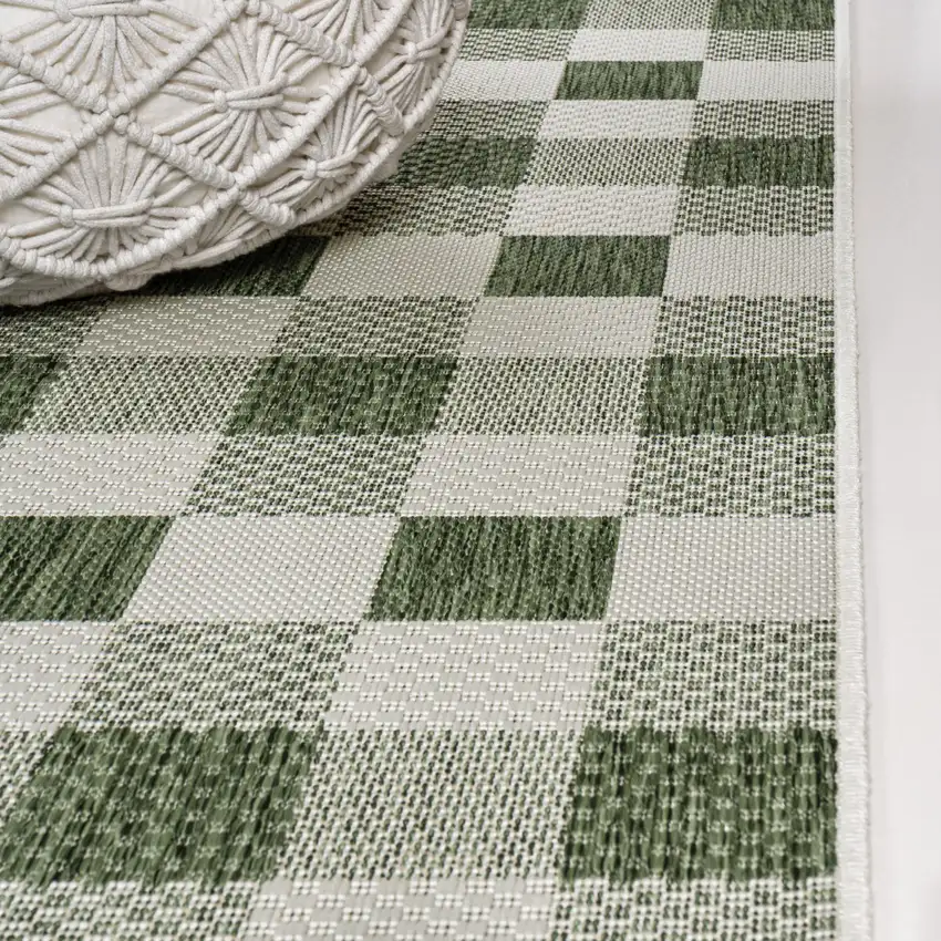 8' Green And Cream Geometric Indoor Outdoor Runner Rug Photo 9