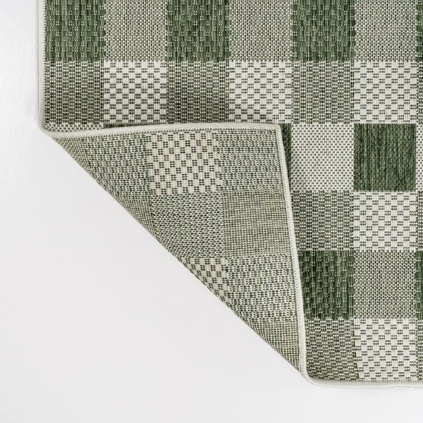 8' Green And Cream Geometric Indoor Outdoor Runner Rug Photo 7