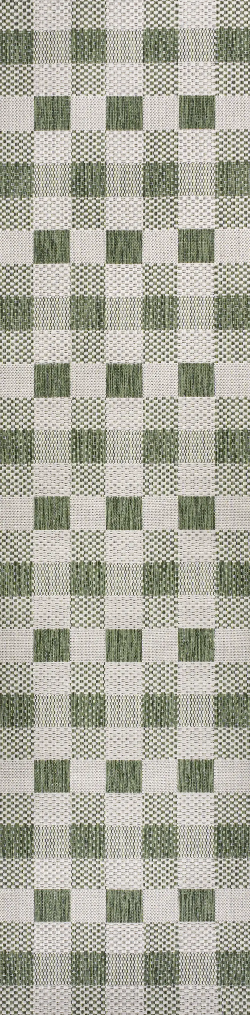 8' Green And Cream Geometric Indoor Outdoor Runner Rug Photo 1