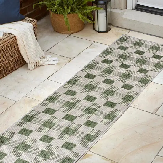 8' Green And Cream Geometric Indoor Outdoor Runner Rug Photo 5