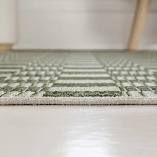 8' Green And Cream Geometric Indoor Outdoor Runner Rug Photo 7