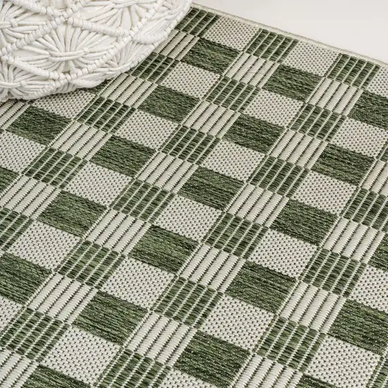 8' Green And Cream Geometric Indoor Outdoor Runner Rug Photo 8