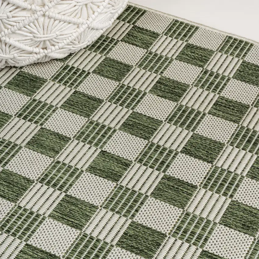 8' Green And Cream Geometric Indoor Outdoor Runner Rug Photo 8