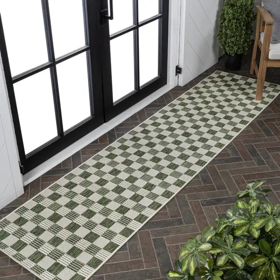 8' Green And Cream Geometric Indoor Outdoor Runner Rug Photo 3