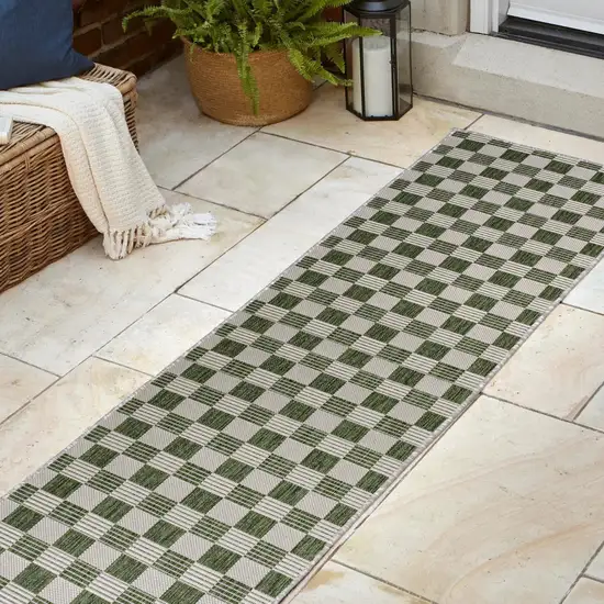 8' Green And Cream Geometric Indoor Outdoor Runner Rug Photo 4