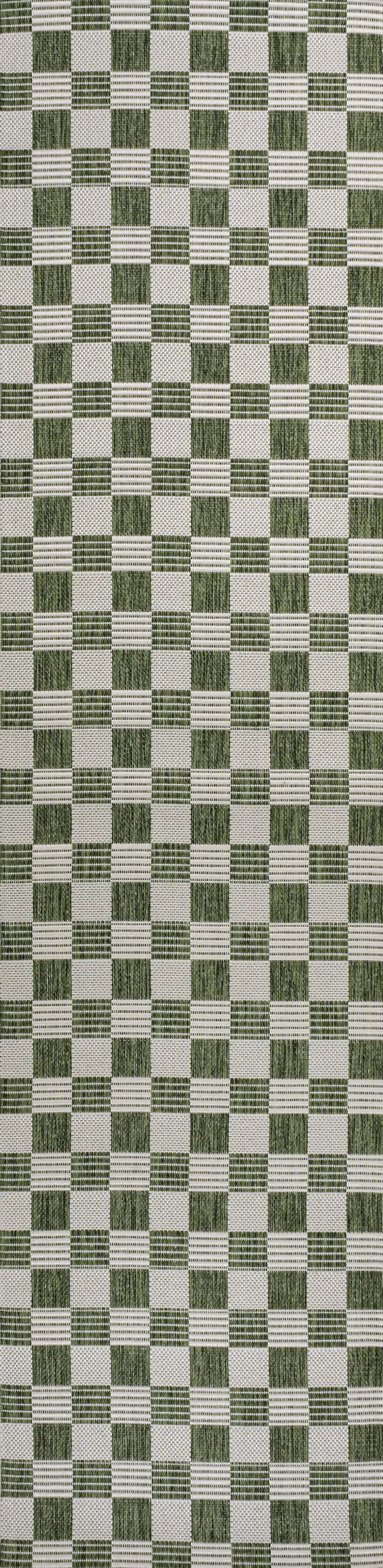 8' Green And Cream Geometric Indoor Outdoor Runner Rug Photo 6