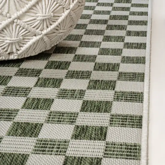 8' Green And Cream Geometric Indoor Outdoor Runner Rug Photo 9