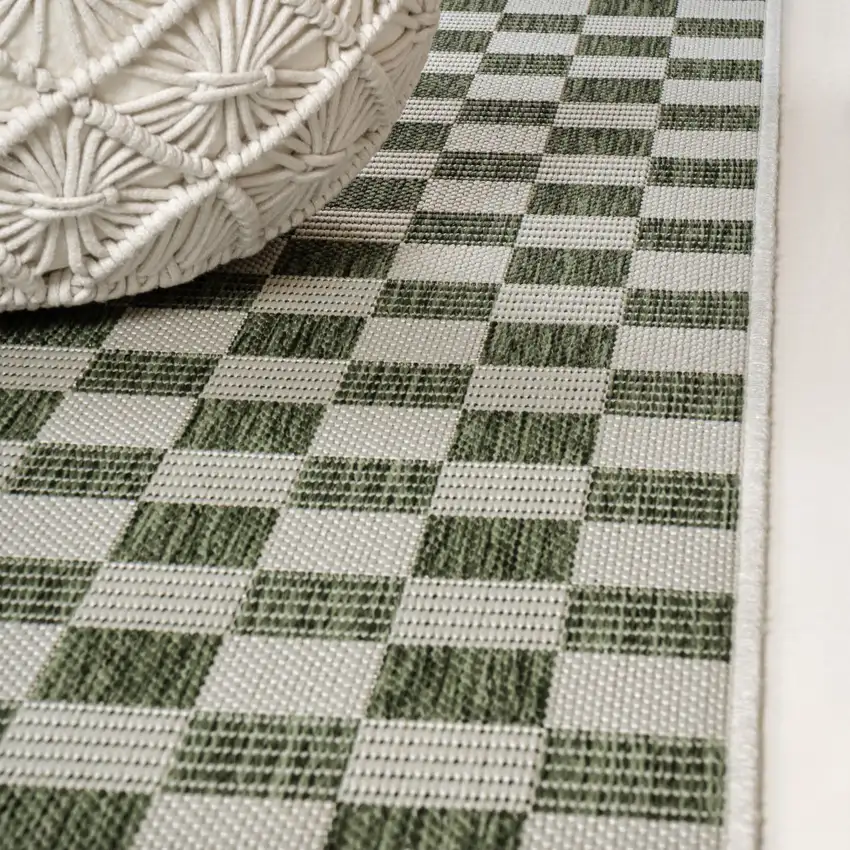 8' Green And Cream Geometric Indoor Outdoor Runner Rug Photo 9