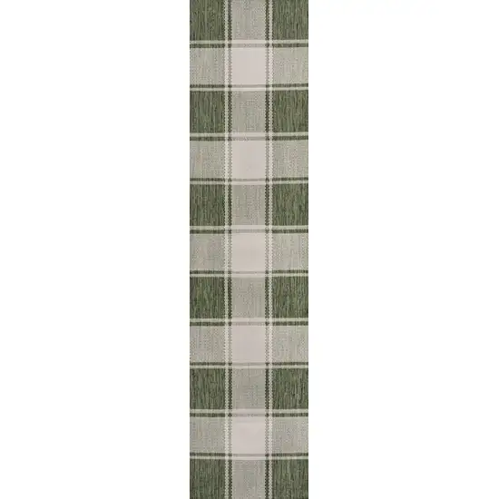 8' Green And Cream Gingham Indoor Outdoor Runner Rug Photo 1
