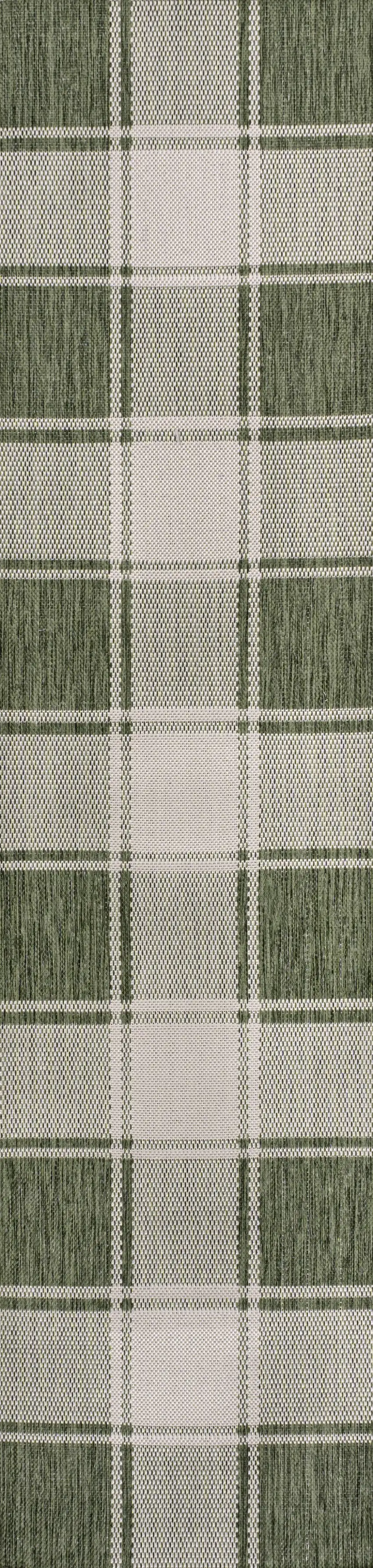 8' Green And Cream Gingham Indoor Outdoor Runner Rug Photo 1