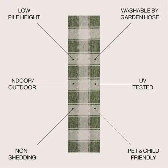 8' Green And Cream Gingham Indoor Outdoor Runner Rug Photo 7