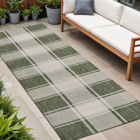 8' Green And Cream Gingham Indoor Outdoor Runner Rug Photo 1