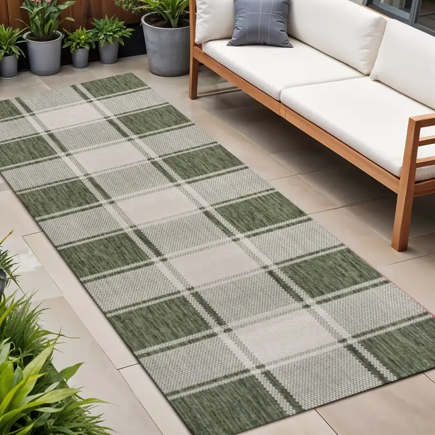 8' Green And Cream Gingham Indoor Outdoor Runner Rug Photo 1