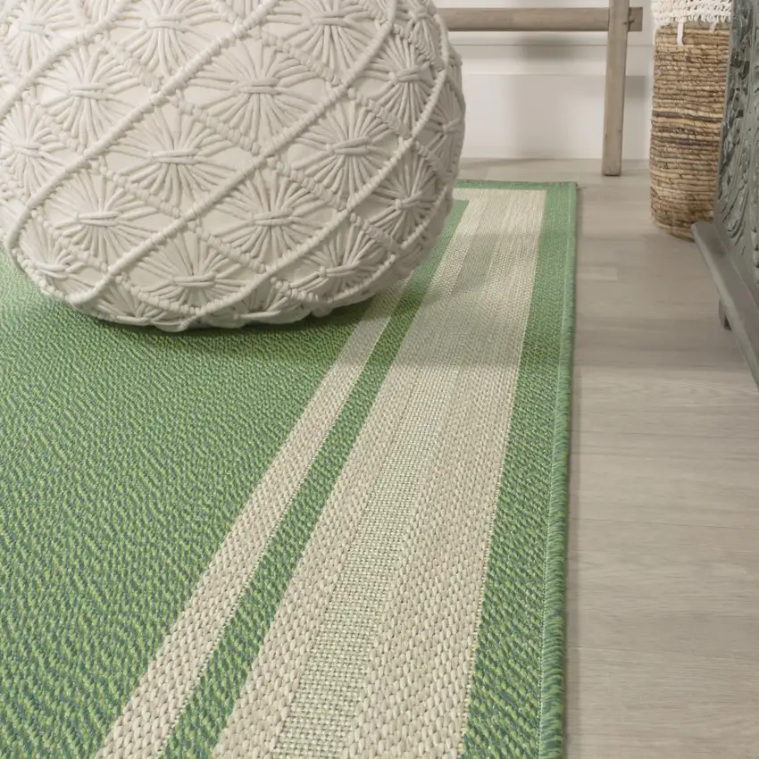 8' Green And Cream Indoor Outdoor Runner Rug Photo 4