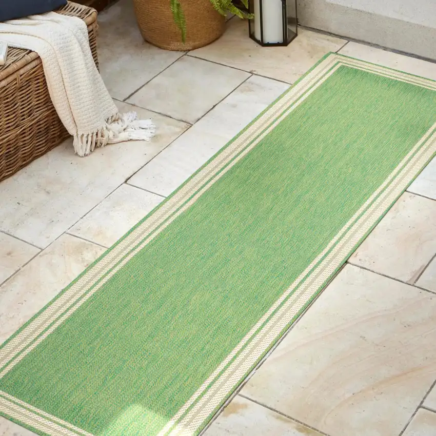 8' Green And Cream Indoor Outdoor Runner Rug Photo 2