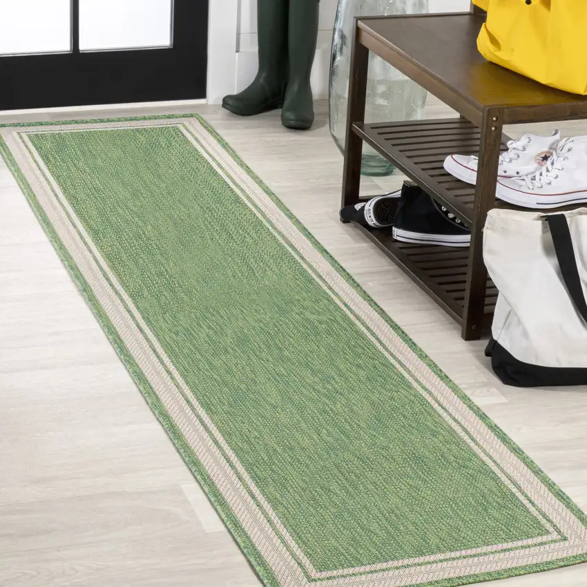 8' Green And Cream Indoor Outdoor Runner Rug Photo 1