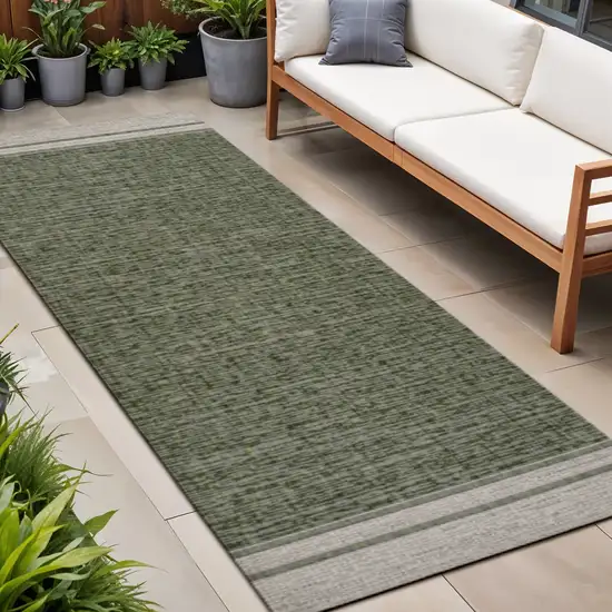 8' Green And Cream Indoor Outdoor Runner Rug Photo 1