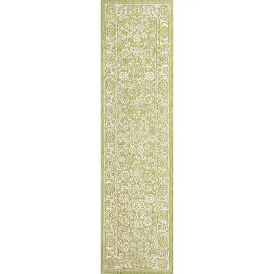 10' Green And Cream Medallion Indoor Outdoor Runner Rug Photo 1