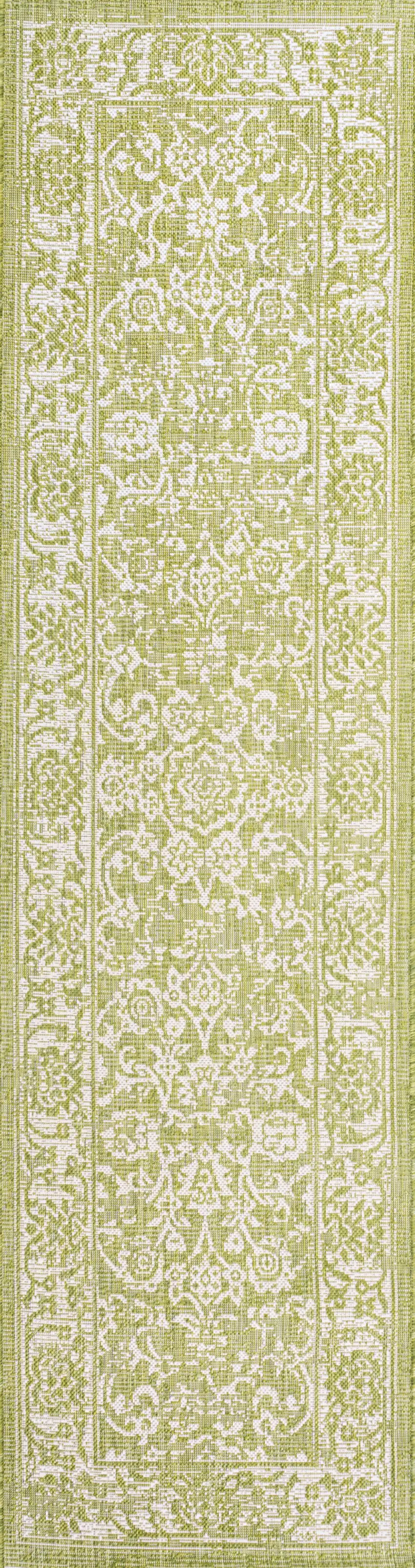 10' Green And Cream Medallion Indoor Outdoor Runner Rug Photo 1