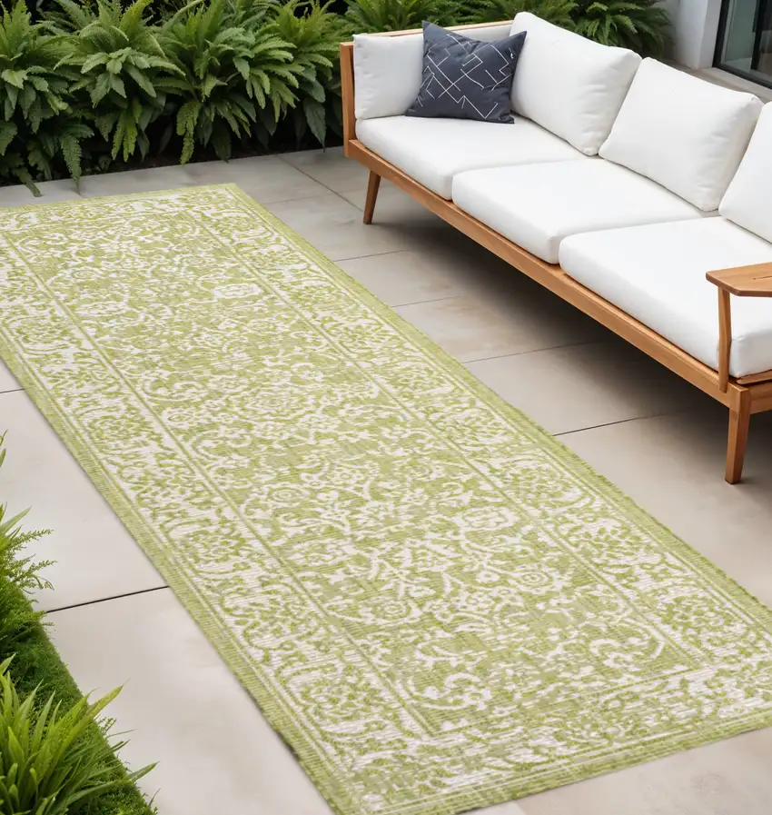 10' Green And Cream Medallion Indoor Outdoor Runner Rug Photo 1