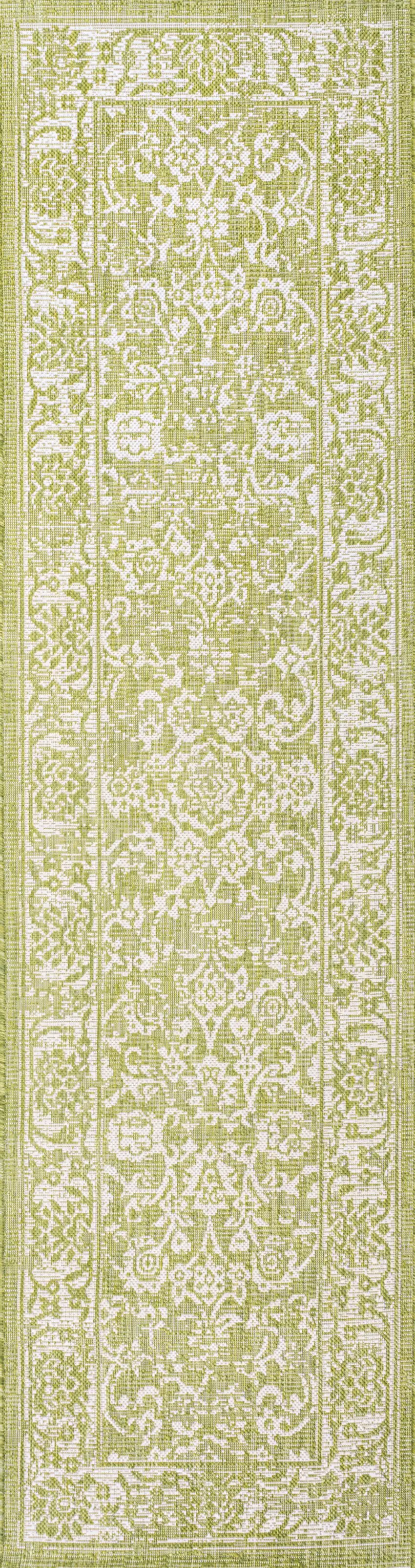 8' Green And Cream Medallion Indoor Outdoor Runner Rug Photo 3