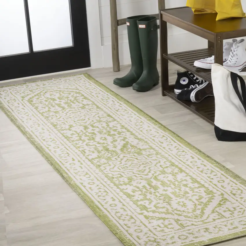 10' Green And Cream Medallion Indoor Outdoor Runner Rug Photo 4